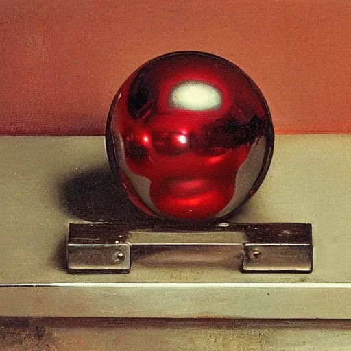 Prompt: chrome spheres on a red cube by willem kalf