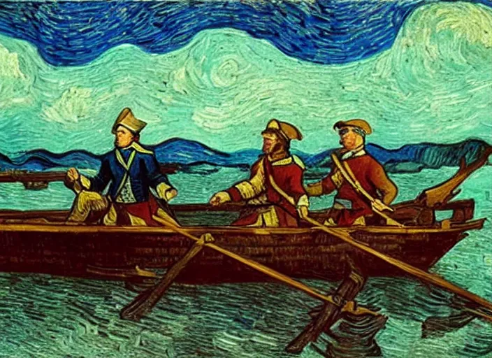 Image similar to Washington Crossing the Delaware, Dramatic Portrait Oil on Canvas, Heroic Patriotic Godd Bless America, Artwork by Vincent van Gogh