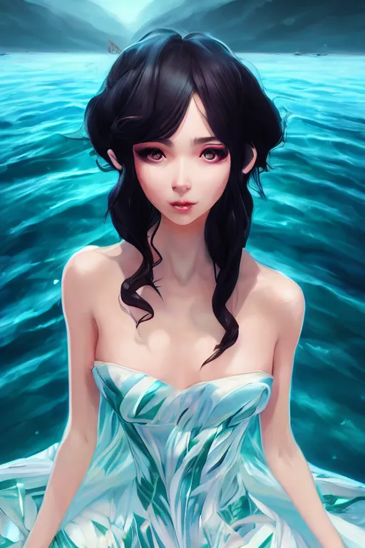 Image similar to a beautiful fashion goddness of love, chic strapless dress, tropical sea background, character design, in the style of artgerm, and wlop, cinematic lighting, hyperdetailed, 8 k realistic, symmetrical, global illumination, radiant light, frostbite 3 engine, cryengine, dof, trending on artstation, digital art