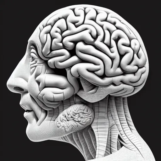 Prompt: a statue constructing a mind / brain piece by piece, highly detailed, artstation, smooth, sharp focus, clean shaped illustration by kim jung gi, mc escher, leonardo davinci