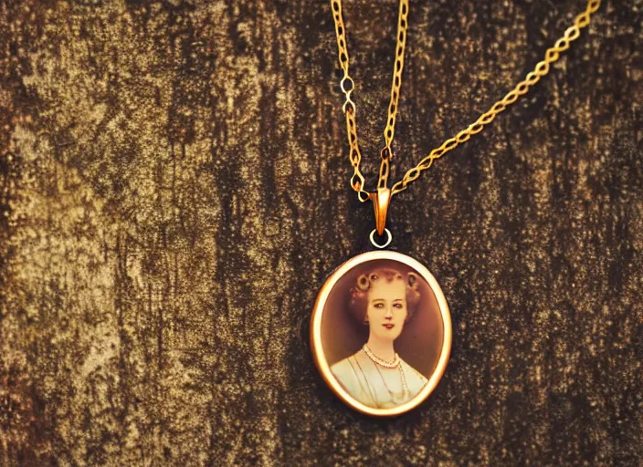 Image similar to hand holding a chain with a hanging tiny open oval rusty golden locket pendant with a retro photo of an elegant and aesthetic woman royalty portrait, on a forest background with bokeh. Retro. Antique. High quality 8k. Intricate. Graflex camera 35mm. sephia. Award winning