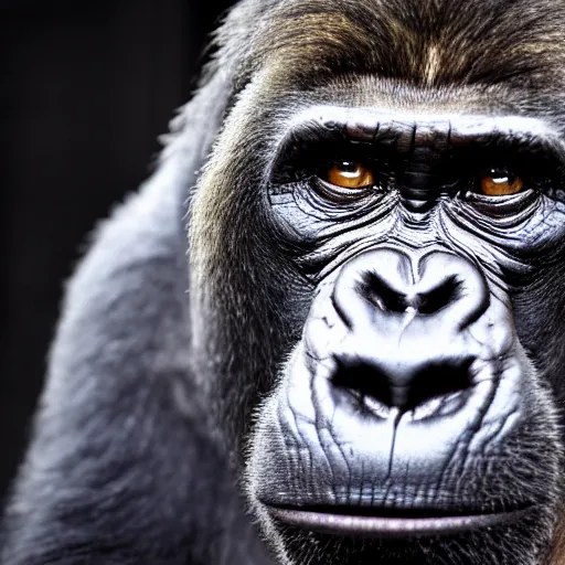 Image similar to portrait photo of a curious silverback gorilla with joe biden's facial features looking into the camera, indoors, f 1. 4, golden ratio, rim light, top light, overcast day