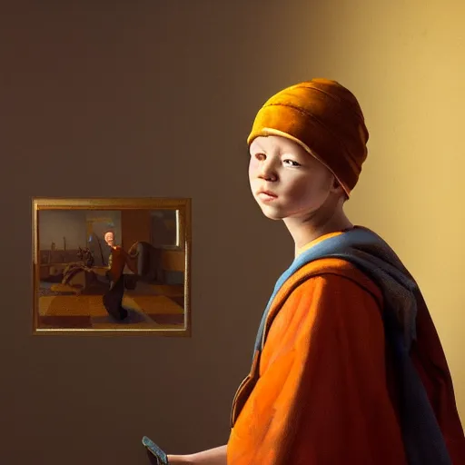 Image similar to a beautiful portrait of a young prince posing in an orange studio, realistic 4k UHD oil painting in the style of james gurney, greg rutkowski, and johannes vermeer