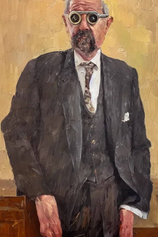 Image similar to palette knife oil painting portrait of graham, an old fellow in a three - piece suit and monocle, peering over from his heavy, lacquered oak reception desk, extreme detail, artstation trending, artgerm, any racial background, deviant art, octane, substance, art history 8 k