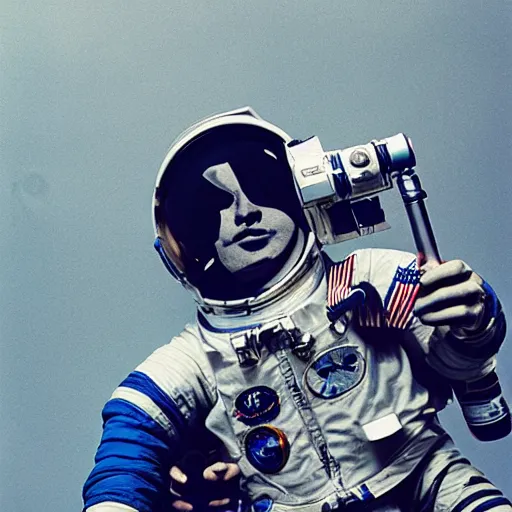 Prompt: an astronaut with a beer bottle and a vintage camera