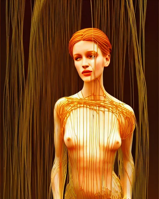 Prompt: transparent glass woman, statue made of spaghetti, daylight, backlit, diffuse lighting, fantasy, intricate, elegant, highly detailed, lifelike, photorealistic, digital painting, artstation, illustration, concept art, sharp focus, art by john collier and albert aublet and krenz cushart and artem demura and alphonse mucha