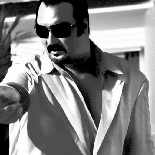 Image similar to steven seagal as sonny crockett in miami vice, realistic gritty film photograph