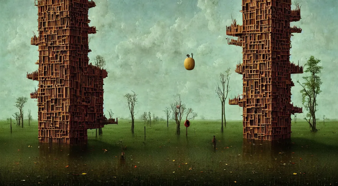 Prompt: single flooded simple fungus wooden tower, very coherent and colorful high contrast ultradetailed photorealistic masterpiece by matthias jung franz sedlacek hieronymus bosch gediminas pranckevicius dean ellis simon stalenhag rene magritte, dark shadows, sunny day, hard lighting