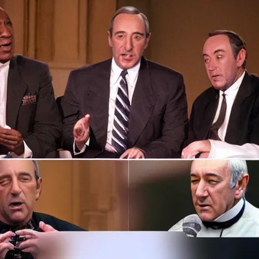 Prompt: jeffery epstein, bill cosby, and kevin spacey dressed up as catholic priests, speaking to a congregation in church, 8 k, realistic.