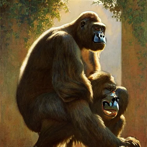 Image similar to highley detailed potrait of a gorilla, painting by gaston bussiere, craig mullins, j. c. leyendecker, lights, art by ernst haeckel, john william godward, hammershøi,