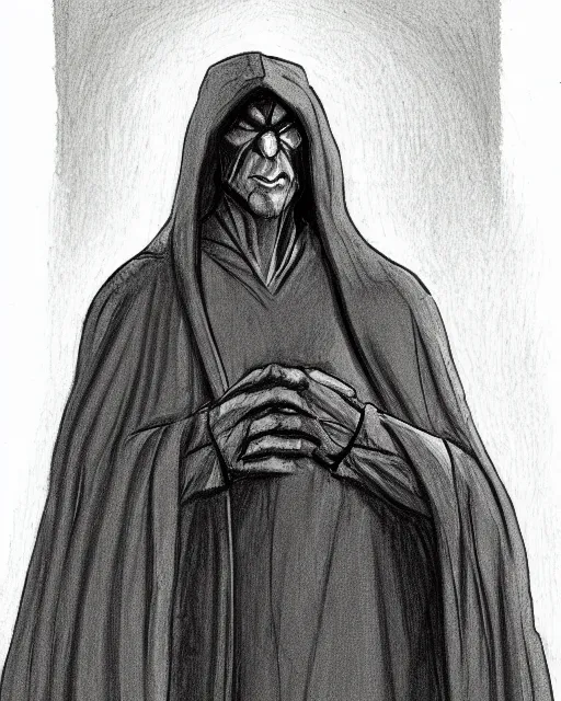 Image similar to character concept portrait of a man in dark robes, hooded, drawn by greg rukowtski