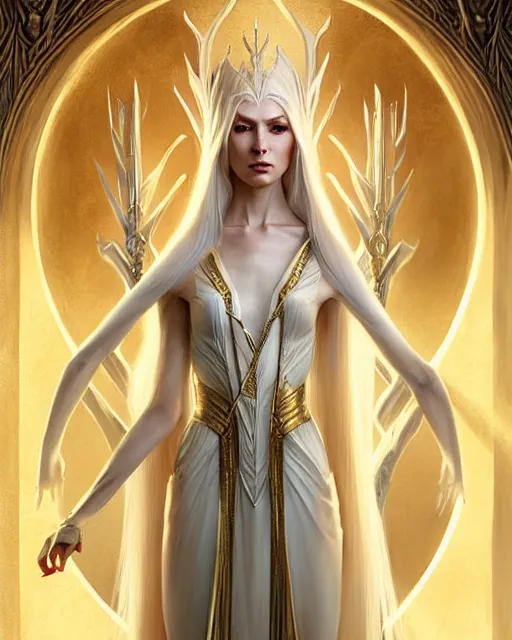 Prompt: tall slender elven queen sitting on the throne, full body, long white hair, pale skin, golden coloured eyes | | realistic shaded, fine details, fine - face, realistic shaded lighting poster by greg rutkowski, magali villeneuve, artgerm, jeremy lipkin, michael garmash, rob rey