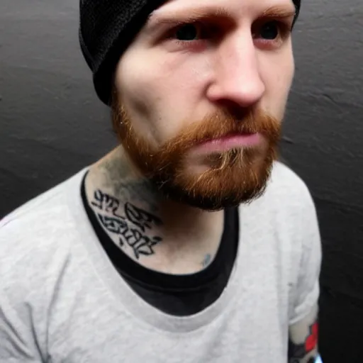 Image similar to man in black beanie hat. Man has blue eyes and a neutral expression. Man appears to be in 30s or 40s. Man has bushy, groomed eyebrows. Forehead is bare. On man's neck side is a tattoo of a checkered flag. On man's neck center is a tattoo of a female face. Man is wearing gray t-shirt. Man is clean-shaven, with a slight 5-oclock shadow. Photograph from torso-up.