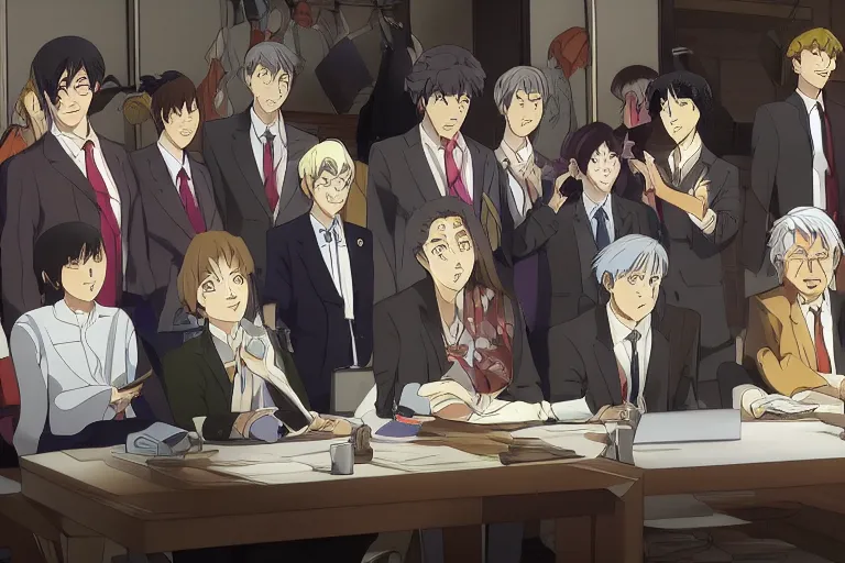 Image similar to cell shaded anime key visual of a federation council meeting with important people in the stlye of studio ghibli, moebius, ayami kojima, makoto shinkai, dramatic lighting