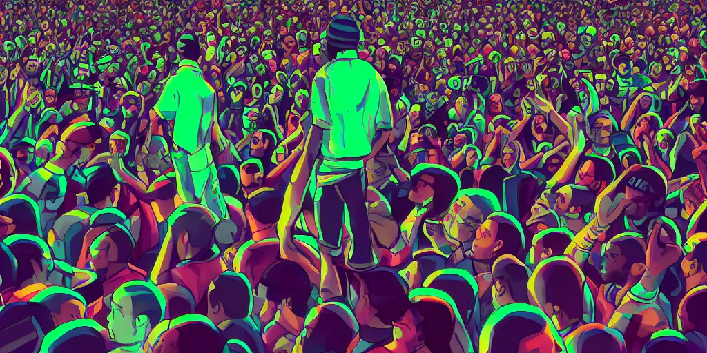 Prompt: rapper leaning over huge crowd reaching up to him, digital art, vapor wave, hip hop, colorful, trending on Artstation, professional artist, detailed, 4k