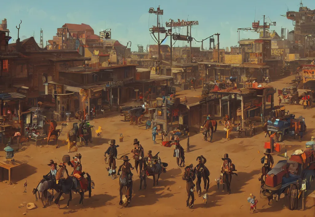 Prompt: stereotypical Wild West Town Scene with some cowboys and the sheriff by Goro Fujita and Simon Stalenhag , 8k, trending on artstation, hyper detailed, cinematic