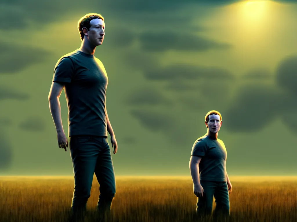 Image similar to Mark Zuckerberg in a field, bokeh, dramatic lighting, cinematic, establishing shot, high detail, cinematic lighting, post processed, 8k, concept art, artstation, matte painting, in the style of eddie mendoza, raphael lacoste, alex ross