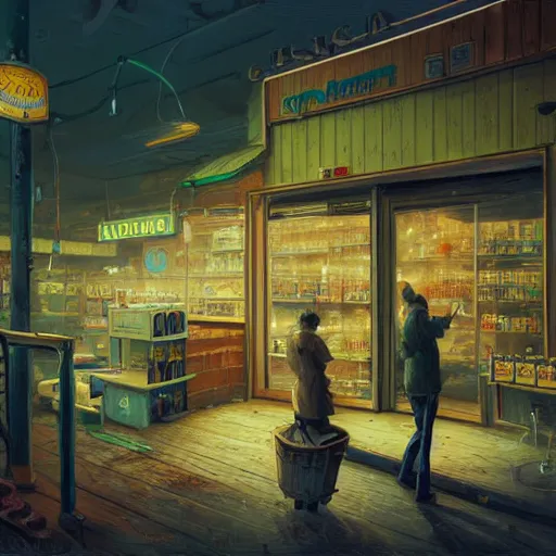 Image similar to concept art of a wooden decorated liquor store on the coast, a very misty day, industrial surrounding, painted pale yellow and green, old tv and radio hardware, a neon sign, by ian mcque ferdinand knab, makoto shinkai and, artgerm, pixar, ilya kuvshinov,, tom bagshaw, global illumination