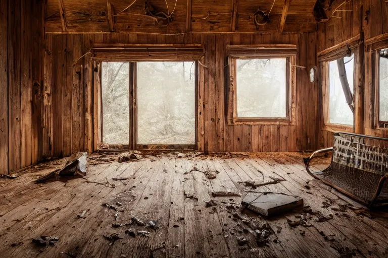 Image similar to a film production still, 2 8 mm, wide shot of a cabin interior, wooden furniture, cobwebs, spiderwebs, dynamic volumetric lighting, abandoned, depth of field, cinematic