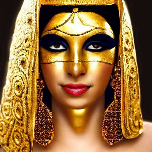 Image similar to photo graph of an egyptian woman, gold face chains, elegant, fancy, rich, character design, costume, egyptian, arabian, dune, desert