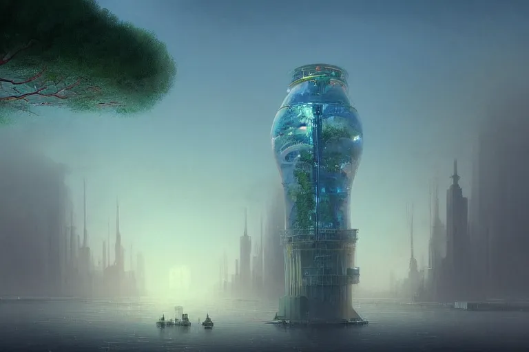 Prompt: A large industrial city with high buildings of the future in the center of city a giant tree grows in a glass flask all the way to space. Optimistic good lookintricate, digital painting, artstation, concept art, smooth, sharp focus, illustration, art by Aivazovsky