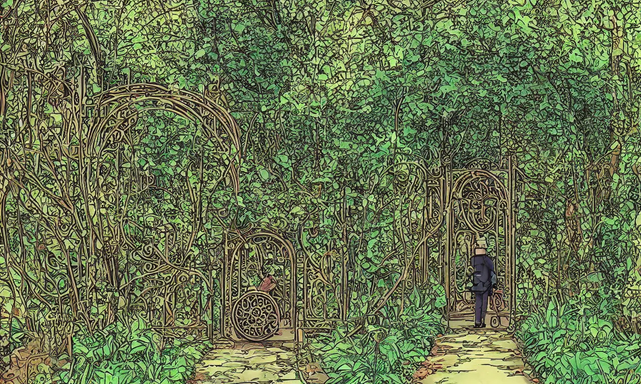 Prompt: An old gatekeeper standing in foreground of an art nouveau style English park maze ancient train pathways and walkers, digital art, perfect lighting