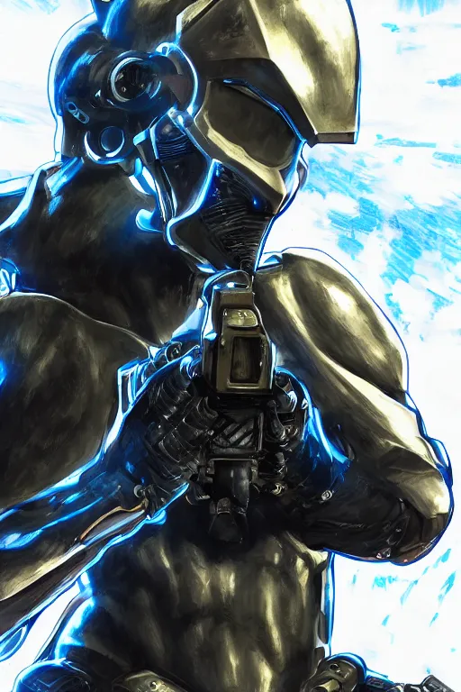 Image similar to cyber cyborg ninja mask helmet metal gear solid artic suit swat commando, global illumination ray tracing hdr fanart arstation by sung choi and eric pfeiffer and gabriel garza and casper konefal, a spectacular view cinematic rays of sunlight comic book illustration, by john kirby