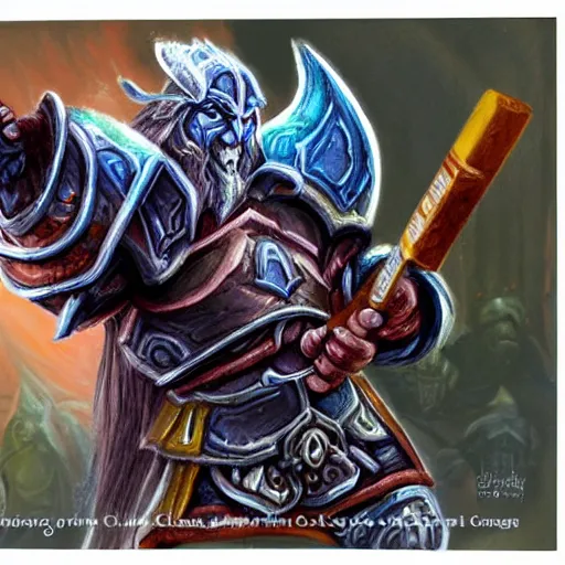 Image similar to a warrior from world of warcraft eating a crayon