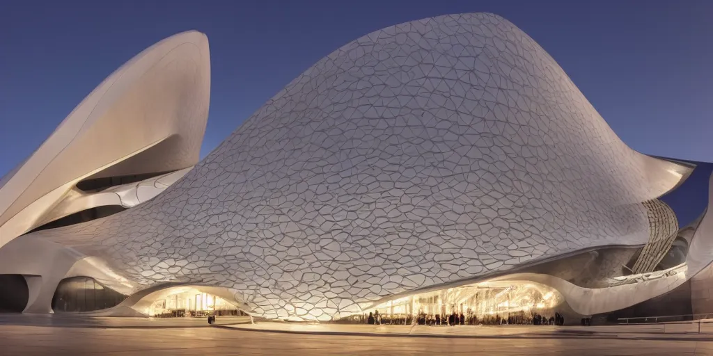 Prompt: extremely detailed ornate stunning sophisticated beautiful elegant futuristic museum exterior by Zaha Hadid, stunning volumetric light, beautiful sunset, tail lights