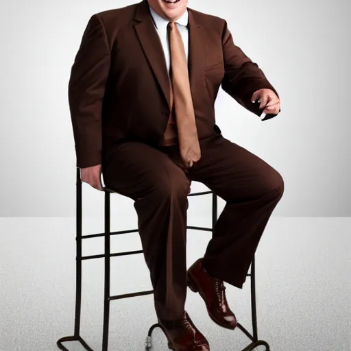 Image similar to A smiling chubby white clean-shaven man dressed in a chocolate brown suit and necktie is sitting on a stool. Realistic