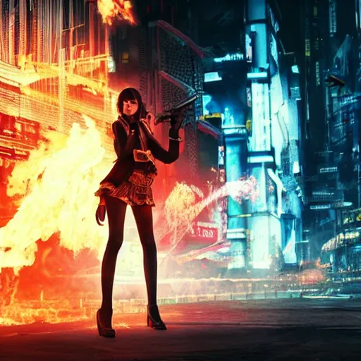 Prompt: a girl like (yoona, Elle Fanning), casting fire spell, background cyberpunk city, full shot, photo, volumetric lighting, epic composition, intricate details, dark neon punk, by KDA