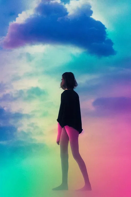 Prompt: high quality pastel coloured film photograph of a model wearing black clothing resting on cloud furniture clouds in a haze filled dreamstate world. three point light, rainbow. photographic production. art directed. pastel colours. volumetric clouds. pastel gradient overlay. waves glitch artefacts. 8 k. filmic.