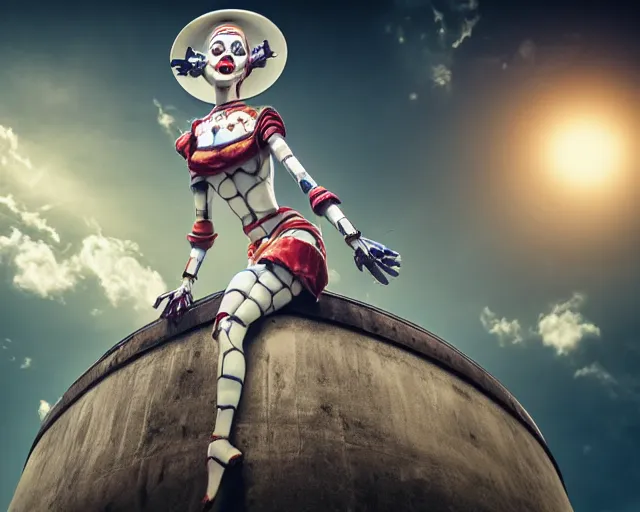 Image similar to beautiful clown girl robot alien standing on a water tank