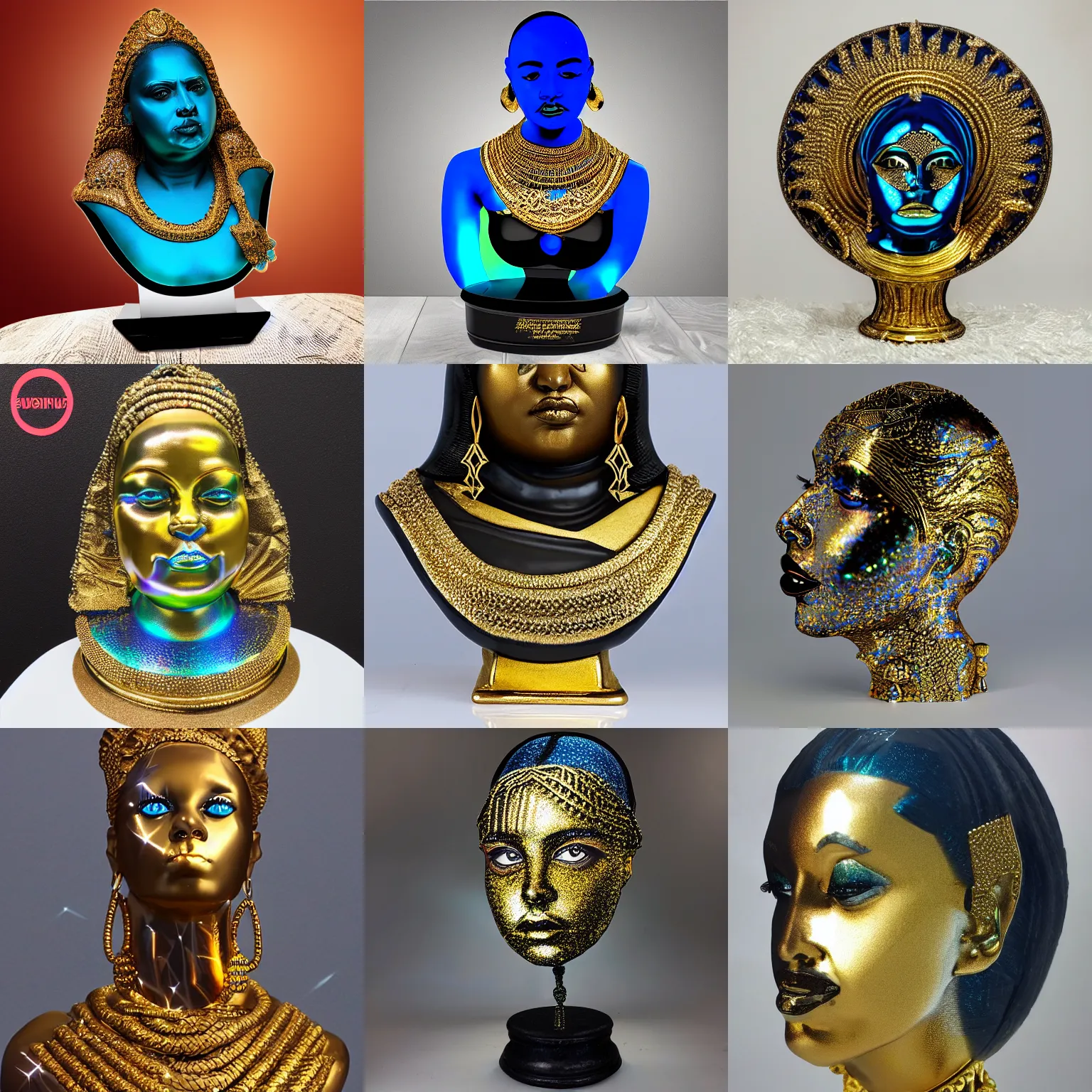 Prompt: intricate holographic realistic bust sculpture of futuristic digital obese angry sudanese feminine girl empress, stone and glass and gold, blue and black, masterpiece