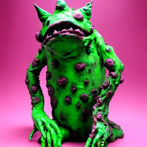 Image similar to a cute and colorful grimy slimepunk ooze monster sculpture