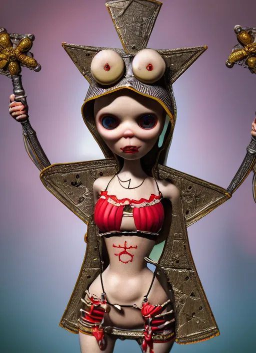 Prompt: highly detailed closeup, portrait of a tin toy gothic nun bikini, unreal engine, nicoletta ceccoli, mark ryden, earl norem, lostfish, global illumination, detailed and intricate environment