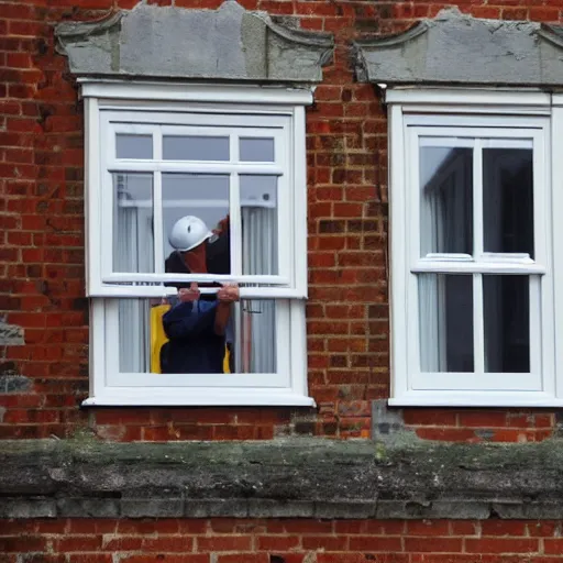 Image similar to many builders inspecting and discussing sash window, dramatic