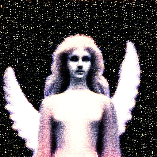 Image similar to vhs static overlay of angel apparition, vhs, 1 9 9 0, beautiful, highly realistic, highly detailed, vhs noise static, black and white, vhs glitch