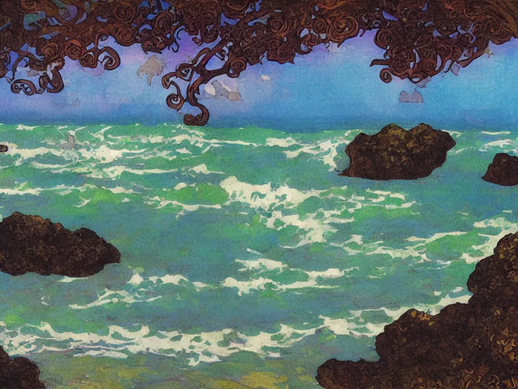 Prompt: Hanalei Kauai, Hidden lava rock beach lagoon, Sunlight Study, by Rebecca Guay and ((((((((Lisa Frank)))))))), Art Nouveau, 8k, smooth, sharp focus