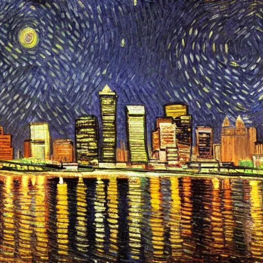 Image similar to downtown Seattle at night, 4k, by VanGogh