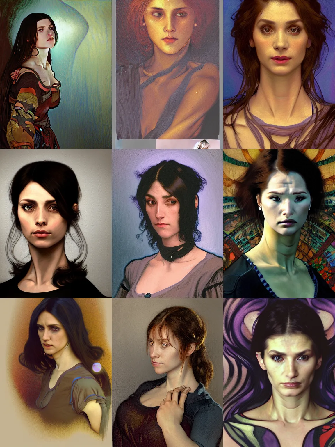 Prompt: portrait of a woman wearing a dark shirt, upper body 2d game avatar, default pose neutral expression, face-on, close-up, eye-contact, Donato Giancola, chiaroscuro lighting, vibrant expressive colours, shape language, Alphonse Mucha/Gustav Klimt style, alpha masked transparent flat grey background, 4k, volumetric lighting, French Nouveau, trending on artstation, octane render, hyperrealistic