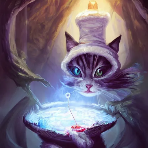 Prompt: Anthropomorphized cat brewing potion, evil smile, witch Hut, witch hat, dark fantasy, magic the gathering artwork, D&D, fantasy, cinematic lighting, centered, symmetrical, highly detailed, digital painting, artstation, concept art, smooth, sharp focus, illustration, volumetric lighting, epic Composition, 8k, art by Akihiko Yoshida and Greg Rutkowski and Craig Mullins, oil painting, cgsociety