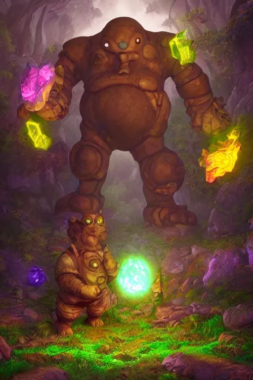 Image similar to arcane fantasy art giant golem elemental wood rock bastion forged gemstone enchanted forest troll, global illumination ray tracing hdr fanart arstation by sung choi and eric pfeiffer and gabriel garza and casper konefal lisa frank zbrush central hardmesh radiating a glowing aura