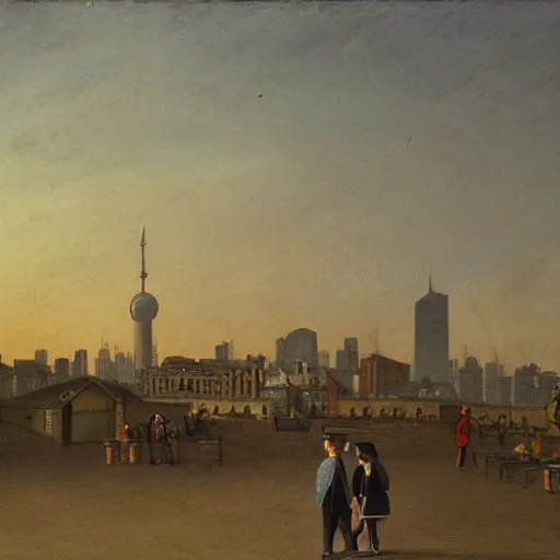 Image similar to a small rooftop with a couple of modern teenagers, standing and talking to each other, wearing black modern clothes, modern shanghai bund is on the background, sunset, by asher brown durand