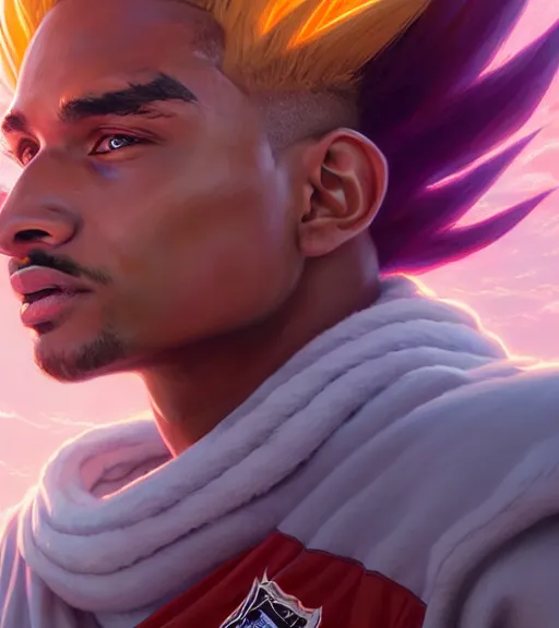 Image similar to highly detailed portrait of super saiyan jalen hurts, philadelphia eagles football, unreal engine, fantasy art by greg rutkowski, loish, rhads, ferdinand knab, makoto shinkai and lois van baarle, ilya kuvshinov, rossdraws, tom bagshaw, global illumination, radiant light, detailed and intricate environment