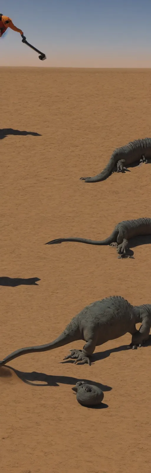 Image similar to big dinosaur vacuuming sand in a desert, 4k,