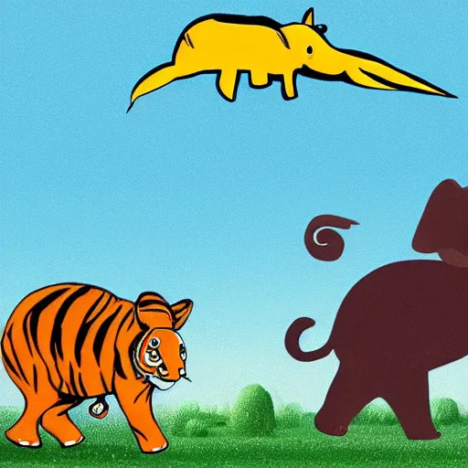 Prompt: A tiger, a turtle, an elephant, a rabbit and a fox running away from an erupting volcano, cartoonish