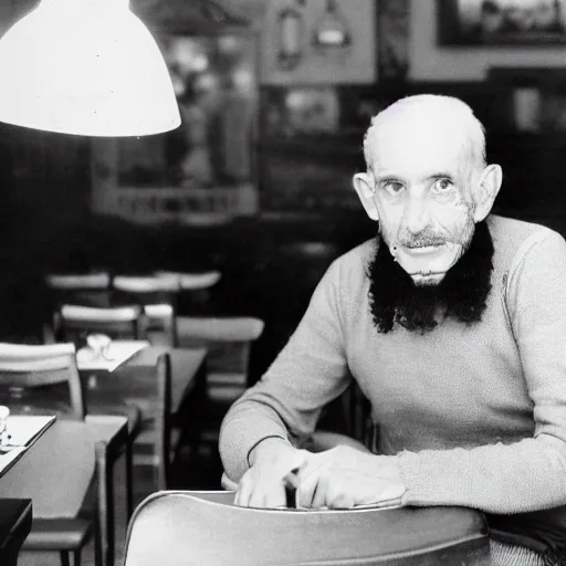 Prompt: photo of a frenchman from france seated in a restaurant ( ( ( in the year 1 9 7 6 ) ) ). 5 0 mm, studio lighting