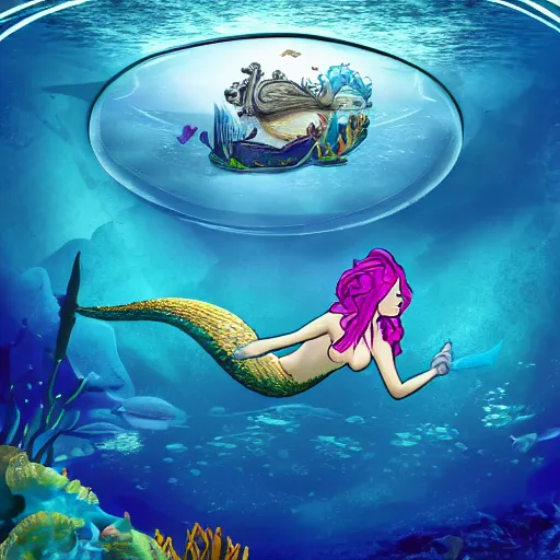 Prompt: a mermaid swimming past a futuristic underwater dome city