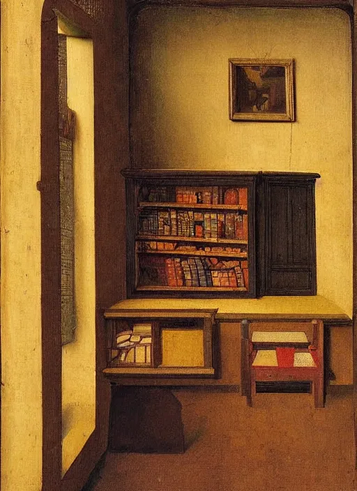 Image similar to bookshelf with books and children toys, medieval painting by jan van eyck, johannes vermeer, florence